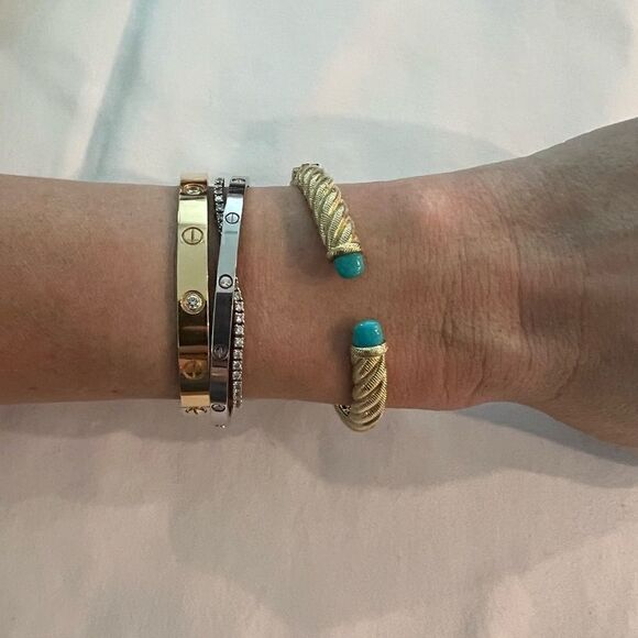 Judith Ripka Sterling Silver 14k Gold Clad Sleeping Beauty Turquoise Cuff Bangle